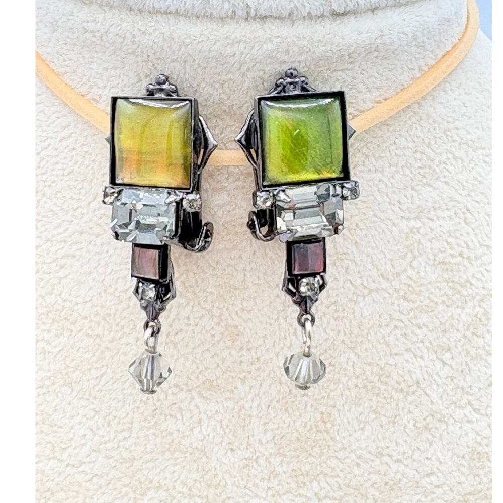 Sorrelli Mixed Crystal Clip-On Earrings • Vintage Cluster Drop in Silver Tone